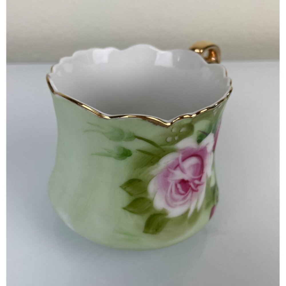 Lefton China Hand Painted Green & Pink Rose Teacup & Saucer Set, Gold Vintage - Picture 10 of 16